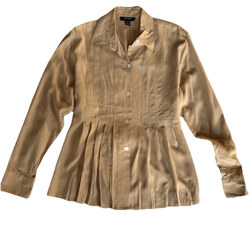 Silk House Tan Silk Button Up Blouse Tie Back Sz M Soft Minimalist Neutral Work